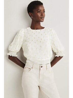 NWT Boden ~Womens  Cropped Metallic Smocked Top / Dobby ~ sz. 10